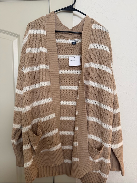 American Eagle Outfitters Sweaters - American Eagle Outfitters Tan & Cream Striped Open-Front Cardigan